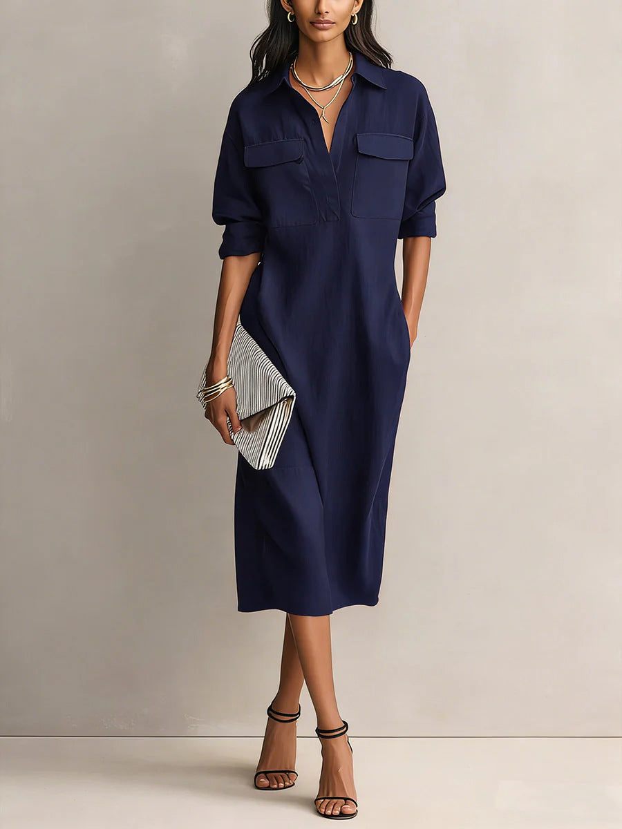 Women's Solid Color Pleated A-Line Midi Dress | Elegant Office Casual Shirt Collar Dress