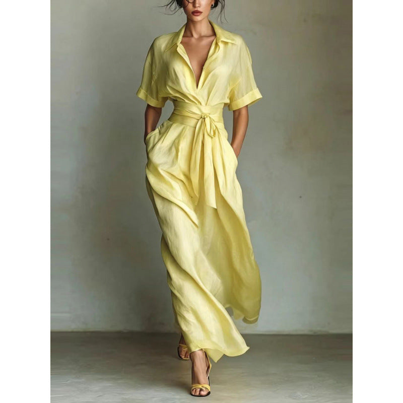Women's Solid Color Waist-Slimming Maxi Dress — Flip Collar