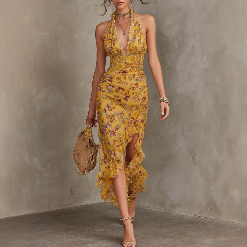 Women's Halter Neck Deep V Floral Maxi Dress | Ruffle Split Waist-Cinching Boho Dress