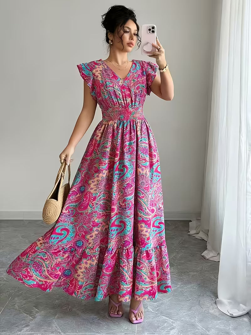 Women's V-Neck Floral Print A-Line Midi Dress – High Waist Sleeveless