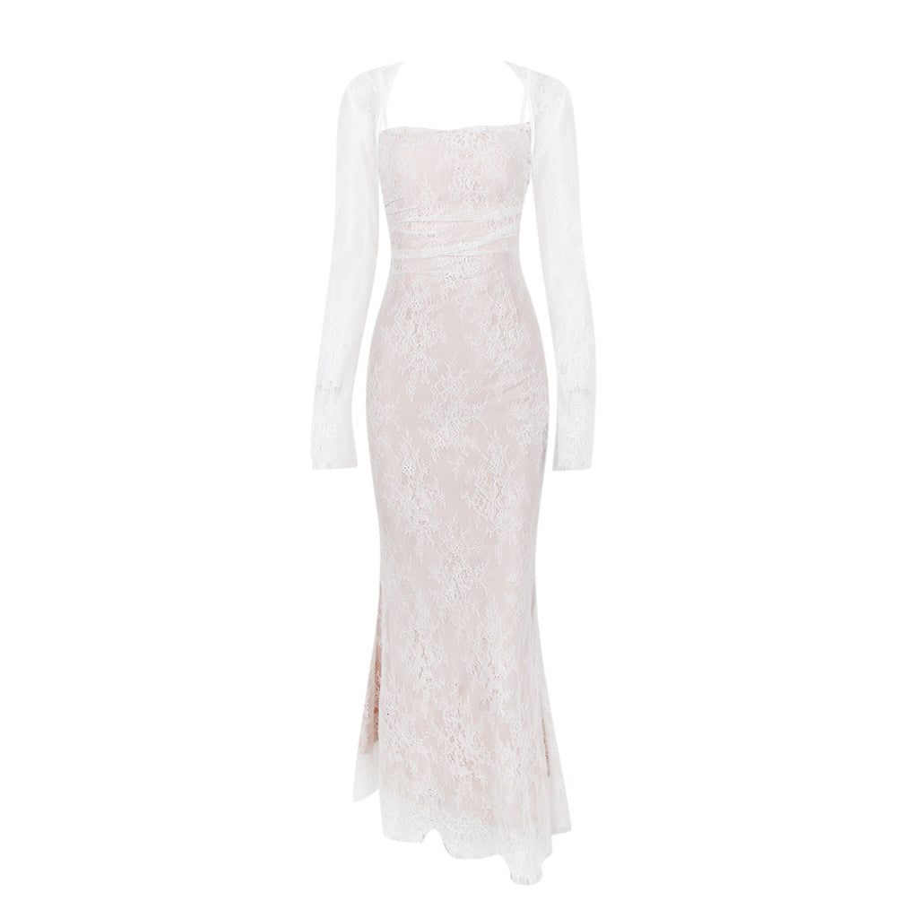 Lace Shawl Two-Piece Mermaid Maxi Dress Set – Long Sleeve
