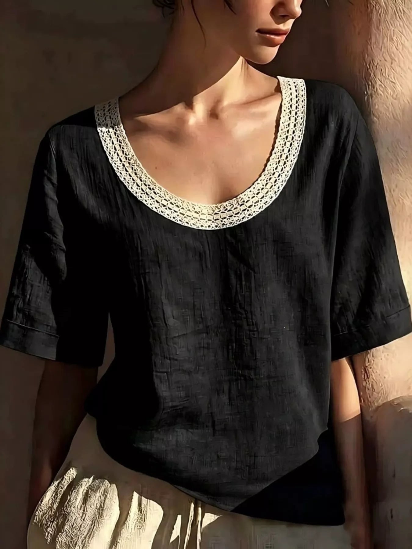 Full Size Lace Trim Short Sleeve Blouse Plus Size