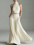 Women's Sleeveless High-Neck Top & Elegant Long A-Line Dress Two-Piece Set