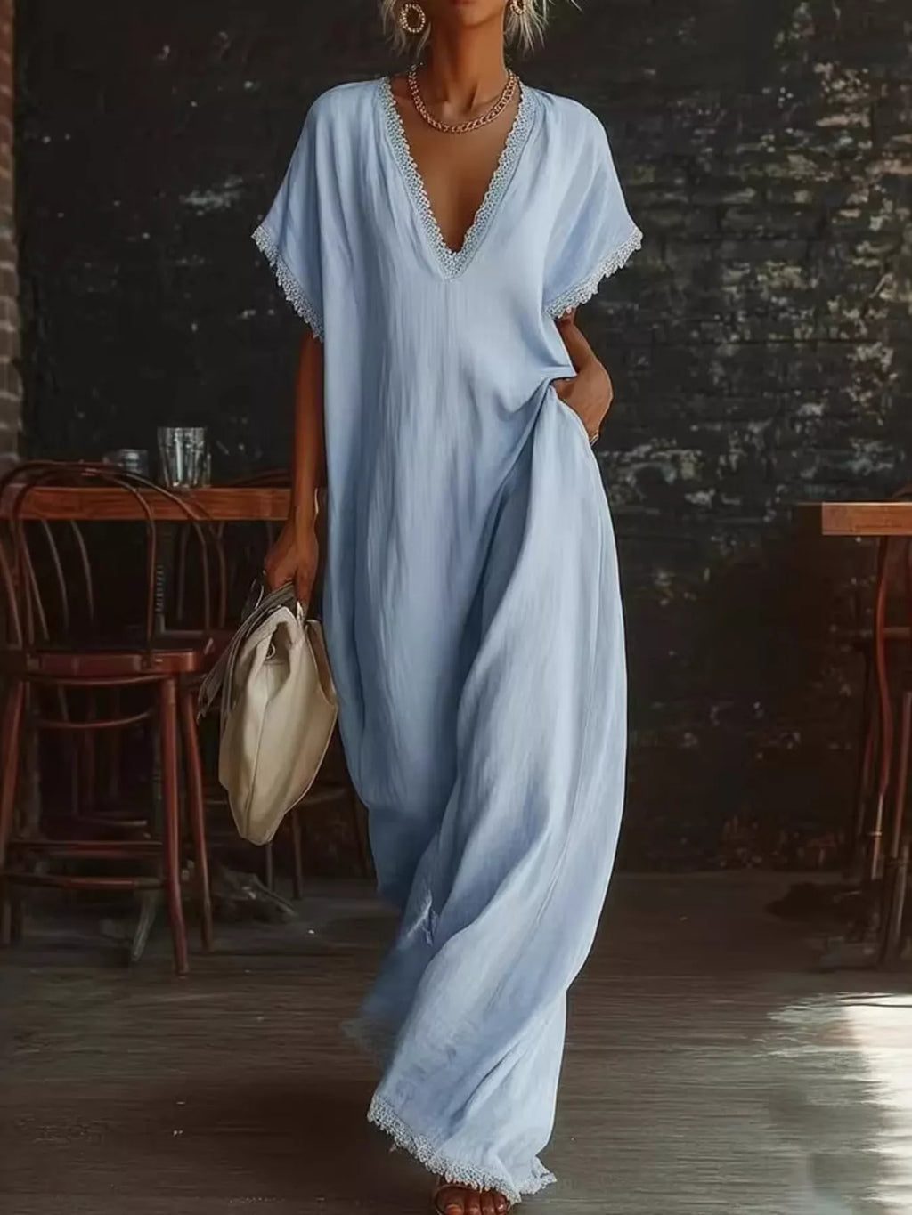 Full Size Lace Trim V-Neck Maxi Dress Plus Size