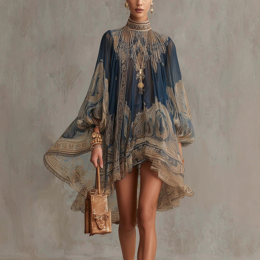 Navy Blue Printed Puff Sleeve Stand Collar Dress – Loose Boho Asymmetric Hem Dress for Women
