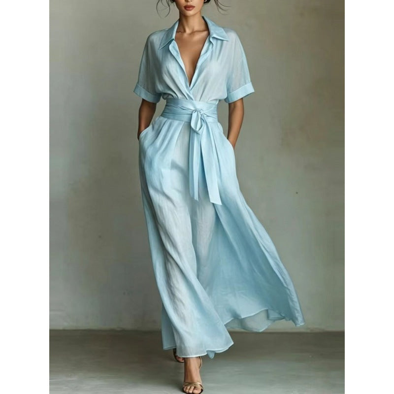 Women's Solid Color Waist-Slimming Maxi Dress — Flip Collar