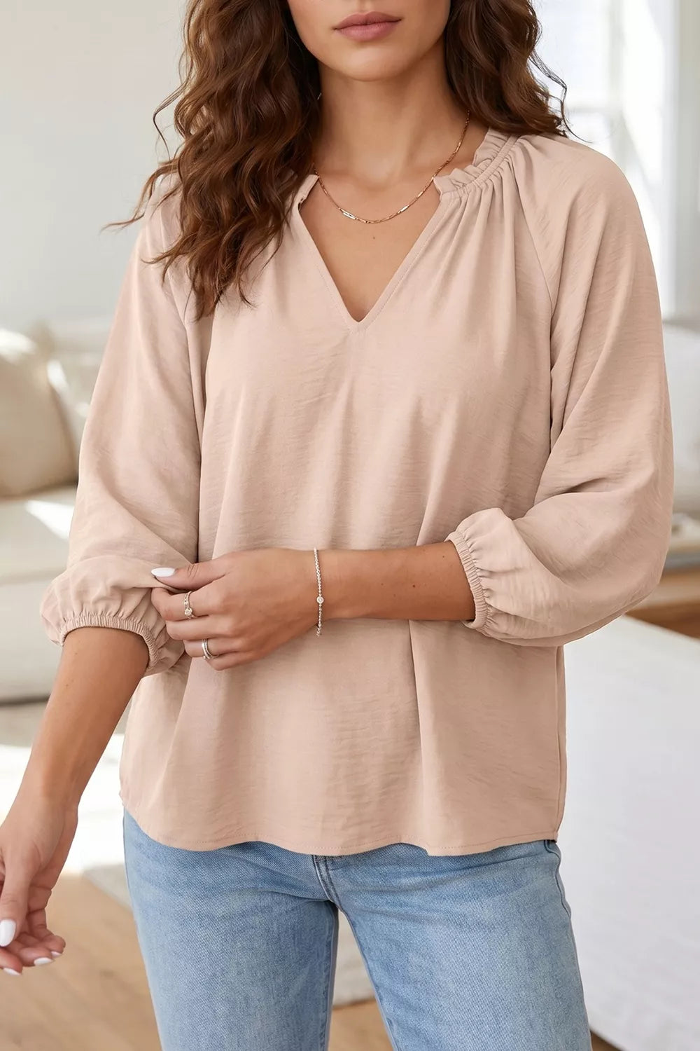 V Neck Gathered Cuff Three Quarter Sleeve Blouse