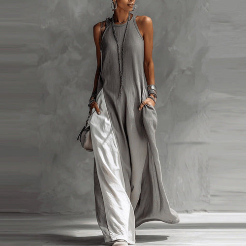 Off-Shoulder Color-Block Flared Maxi Dress with Pockets | 5 Colors