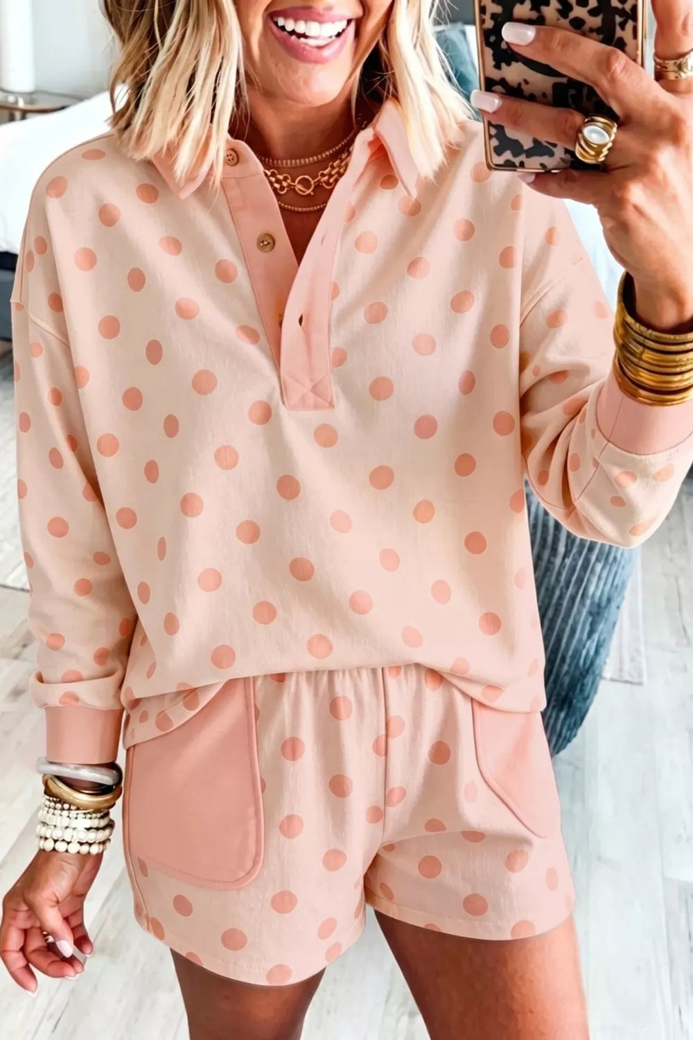 Polka Dot Drop Shoulder Polo Loose Pullover Patch Pocket Casual Shorts Set