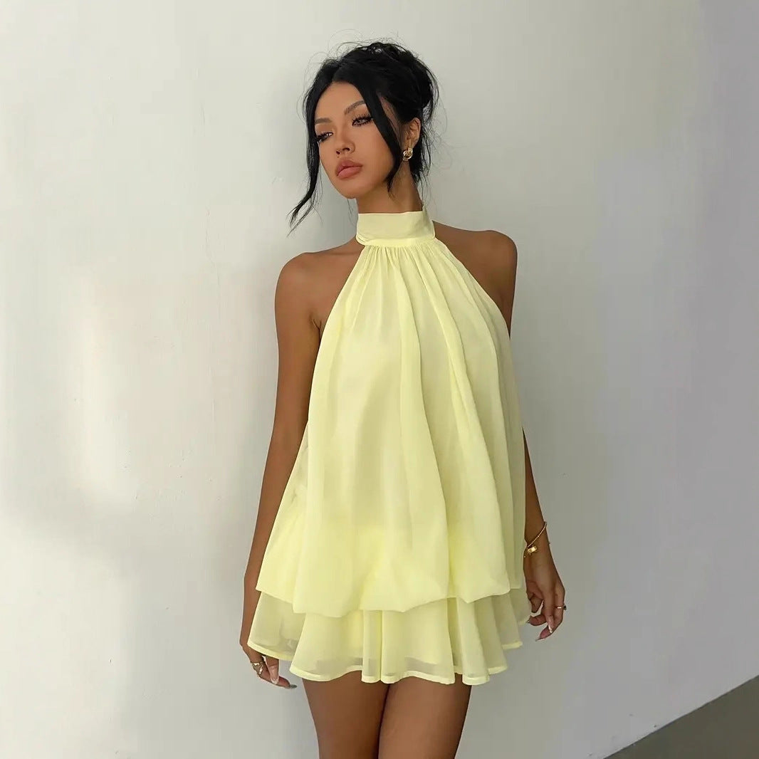 Women's Backless Halter Neck High-Waist Mini Dress with Puffy Skirt