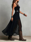 Black Mesh Strap Maxi Dress with Belt – V-Neck Pleated Long Dress
