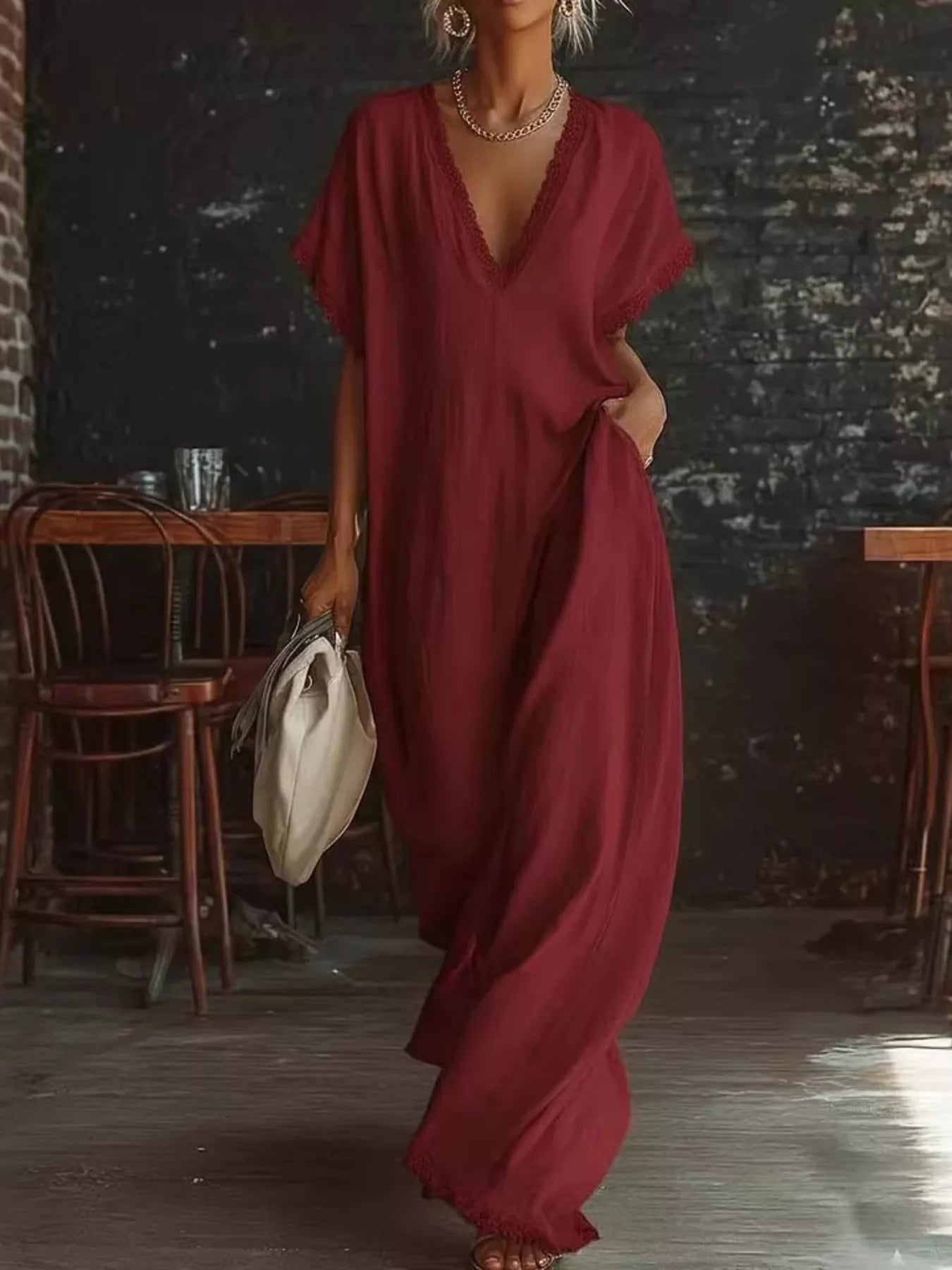 Full Size Lace Trim V-Neck Maxi Dress Plus Size