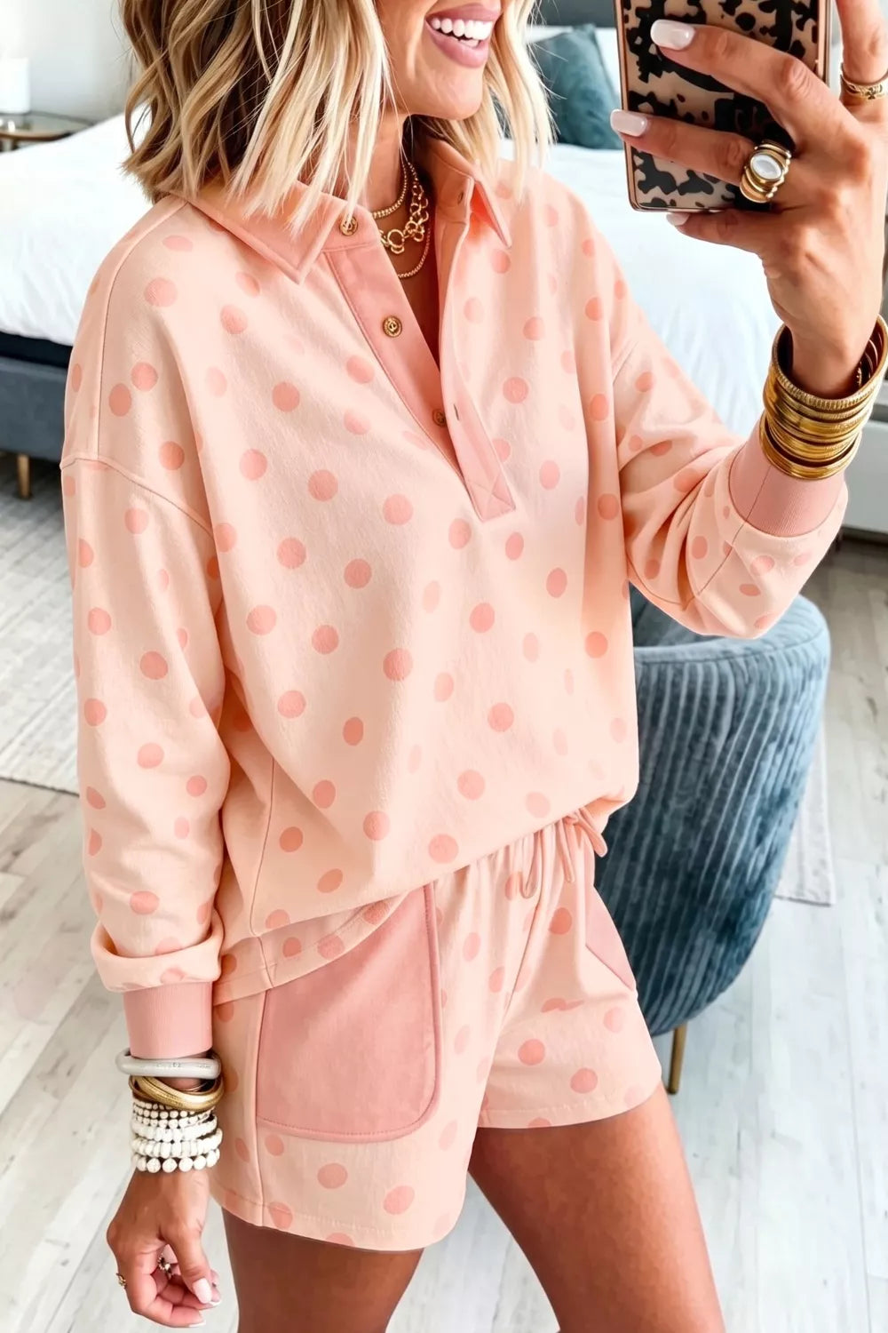Polka Dot Drop Shoulder Polo Loose Pullover Patch Pocket Casual Shorts Set