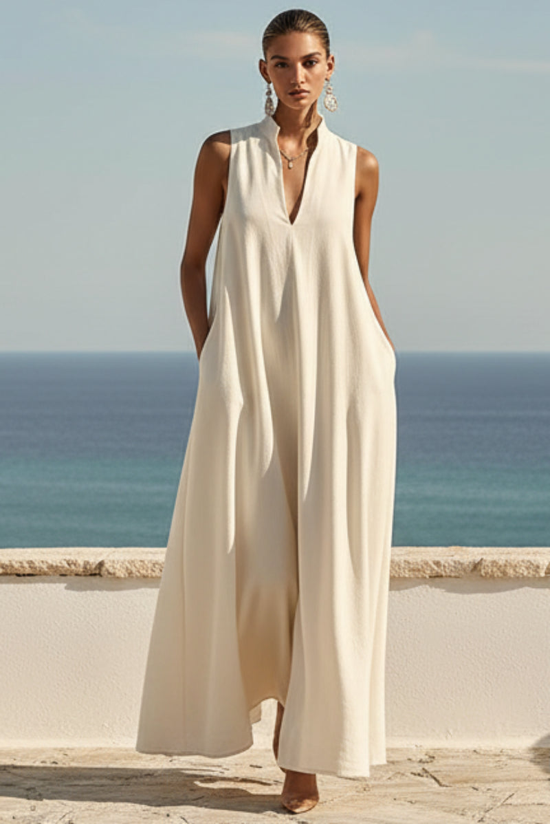 Linen Blend Sleeveless Stand-Collar Maxi Dress – 5 Colors S–3XL