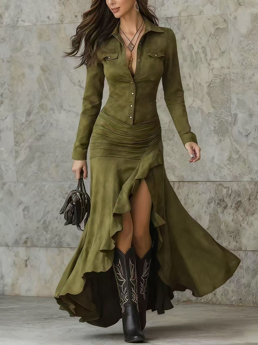 Women's Elegant Zipper Stand Collar Slit Slim-Fit Long Dress — Mermaid Maxi