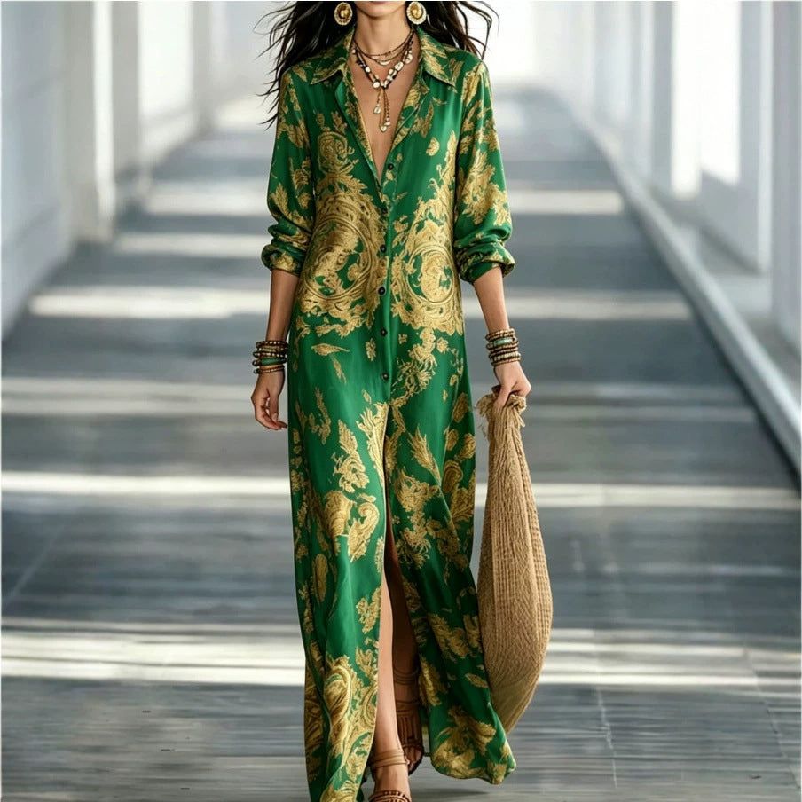 Women's Floral Print Chiffon Turn-Down Collar Split Maxi Dress | Resort Beach Dress