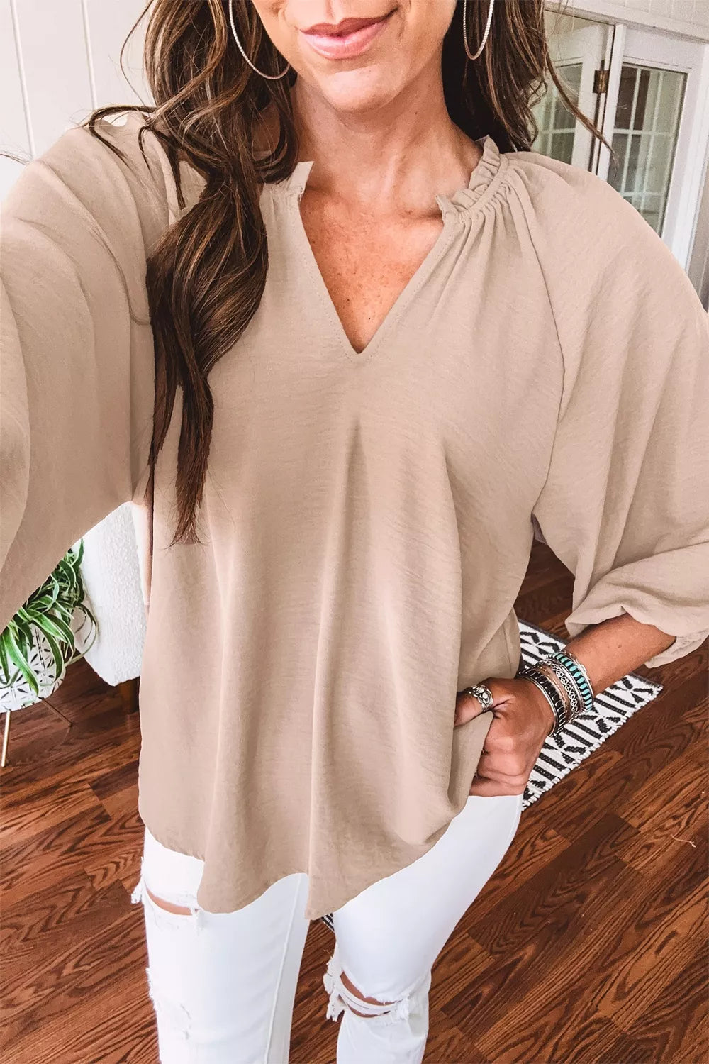 V Neck Gathered Cuff Three Quarter Sleeve Blouse