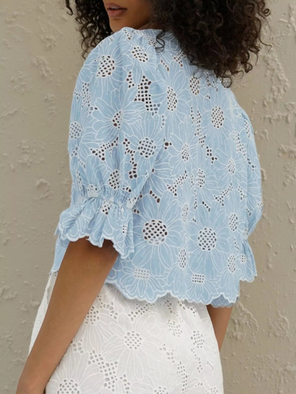 Embroidered Flounce Sleeve Blouse