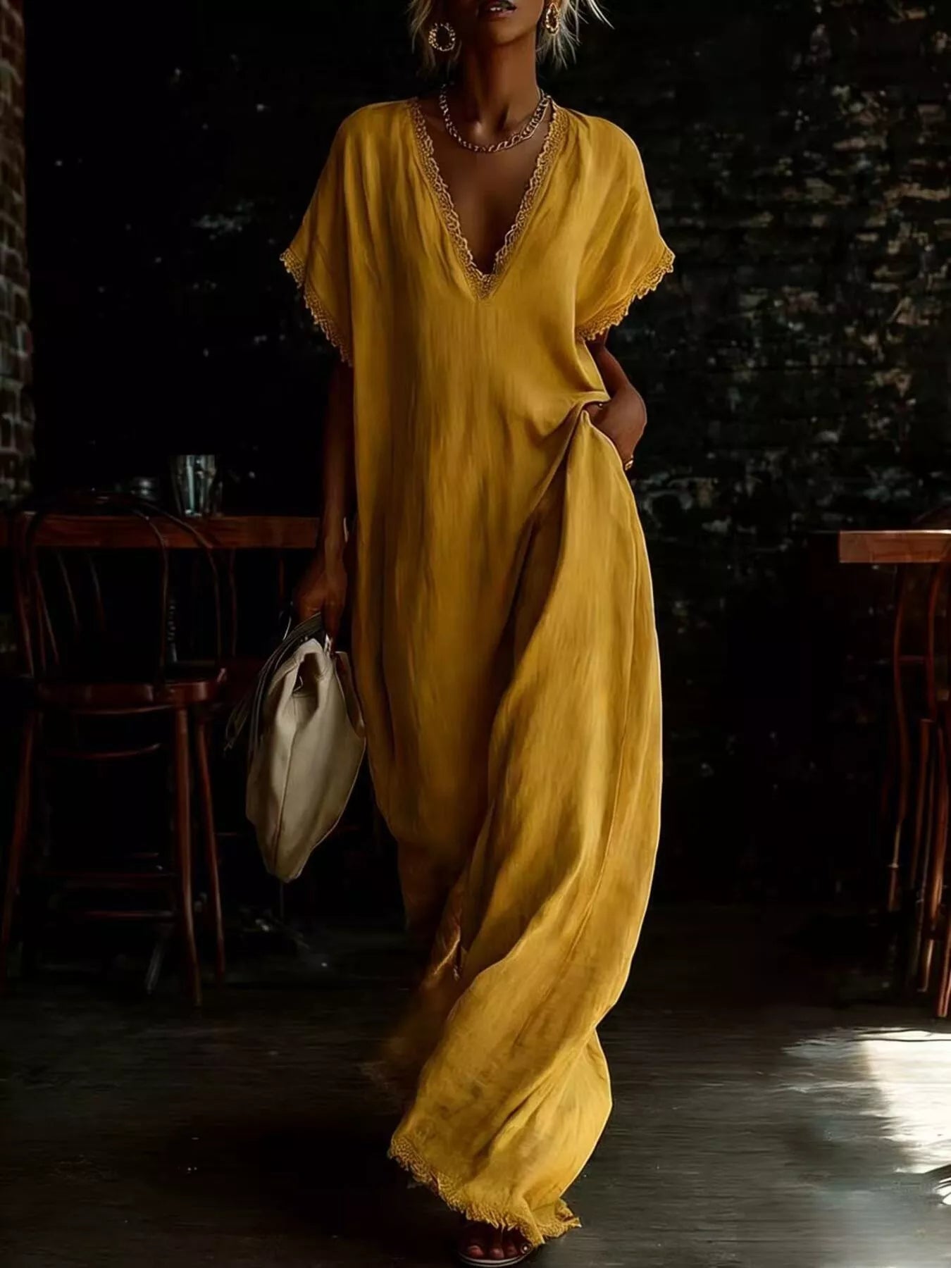 Full Size Lace Trim V-Neck Maxi Dress Plus Size