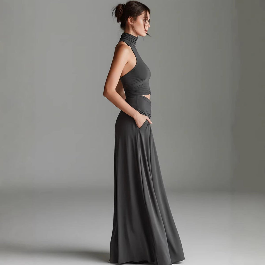 Women's Sleeveless High-Neck Top & Elegant Long A-Line Dress Two-Piece Set