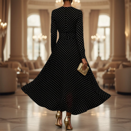 Round Neck Long Sleeve Polka Dot Sheath Dress