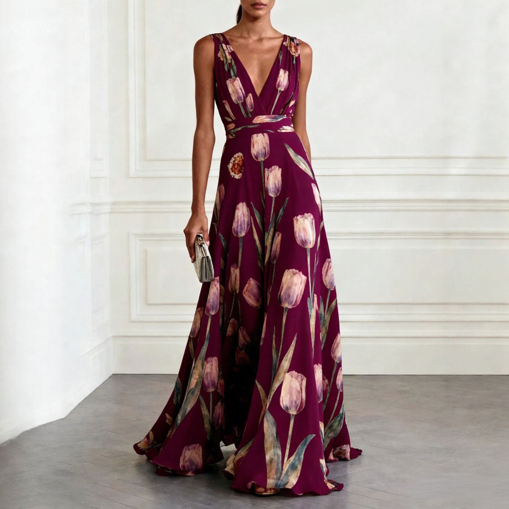 Tulip Print V-Neck Sleeveless Maxi Dress – Floral Chiffon
