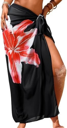 Sheer Chiffon High-Slit Swim Cover-Up Dress – Floral Print, One Size
