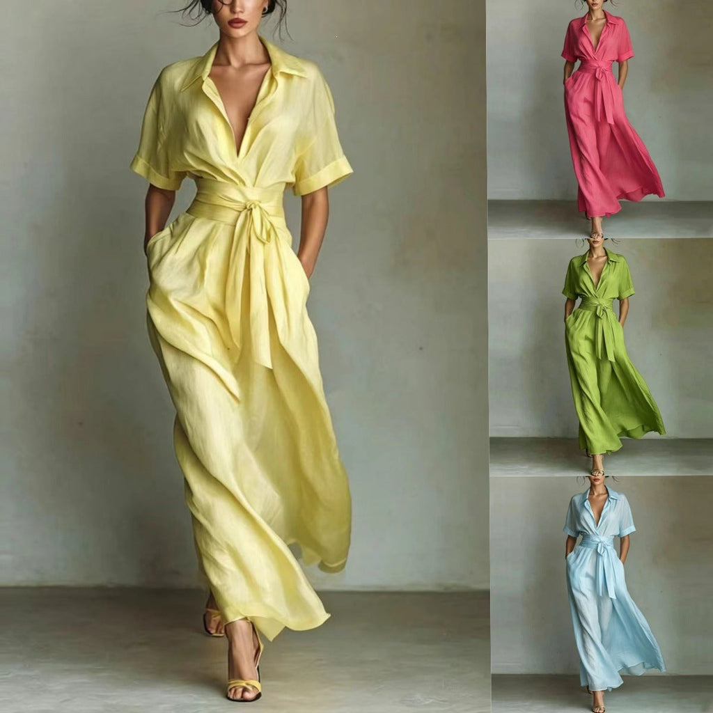 Women's Solid Color Waist-Slimming Maxi Dress — Flip Collar