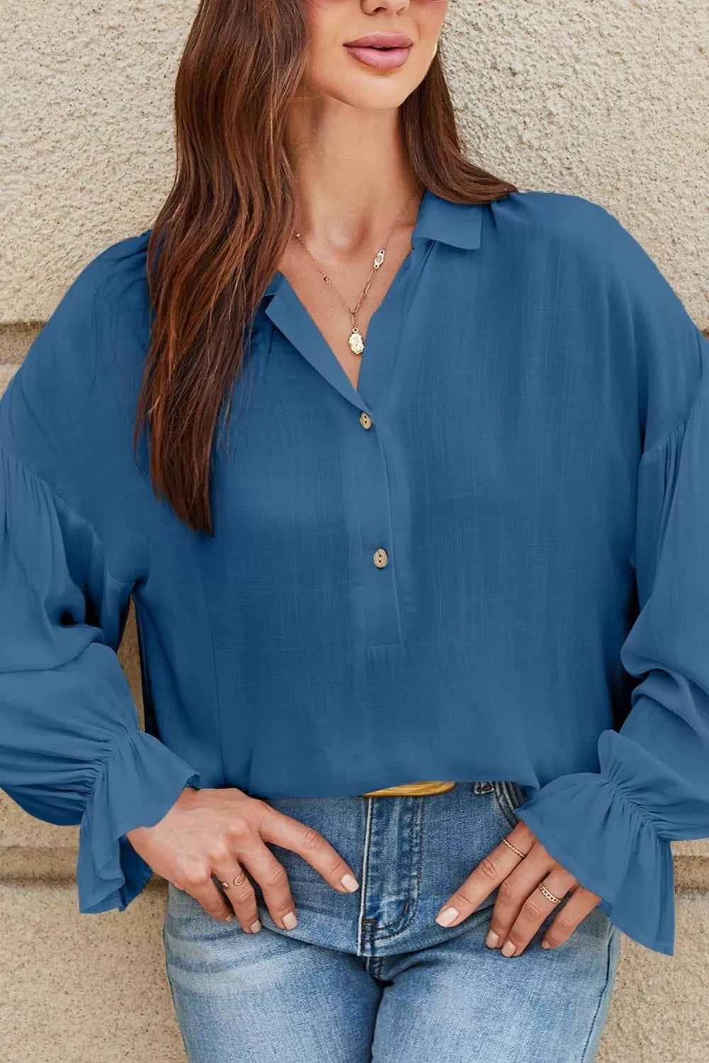 Button Detail Flounce Sleeve Blouse