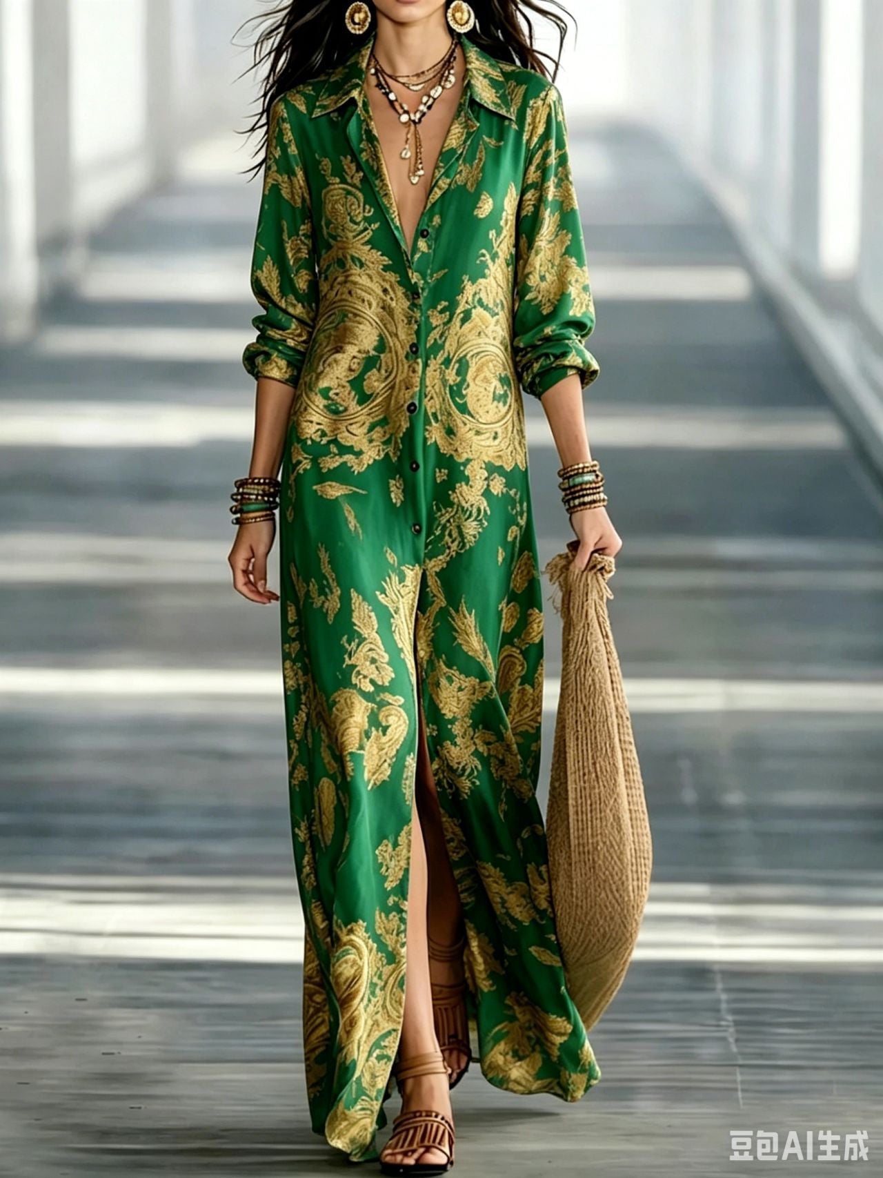 Women's Floral Print Chiffon Turn-Down Collar Split Maxi Dress | Resort Beach Dress