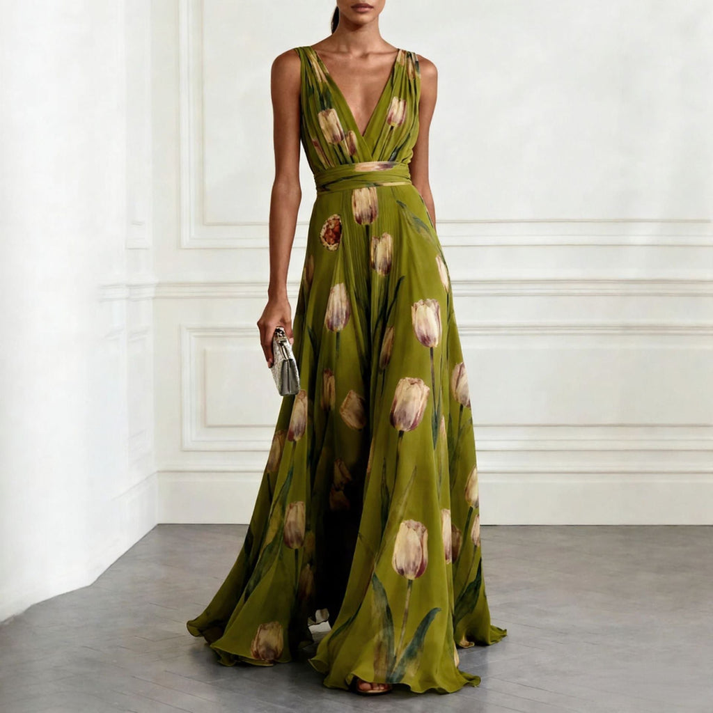 Tulip Print V-Neck Sleeveless Maxi Dress – Floral Chiffon