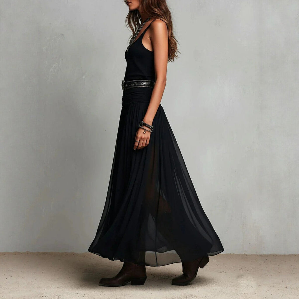 Black Mesh Strap Maxi Dress with Belt – V-Neck Pleated Long Dress