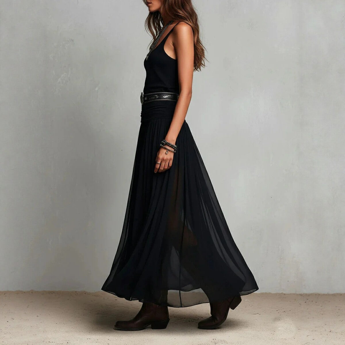 Black Mesh Strap Maxi Dress with Belt – V-Neck Pleated Long Dress