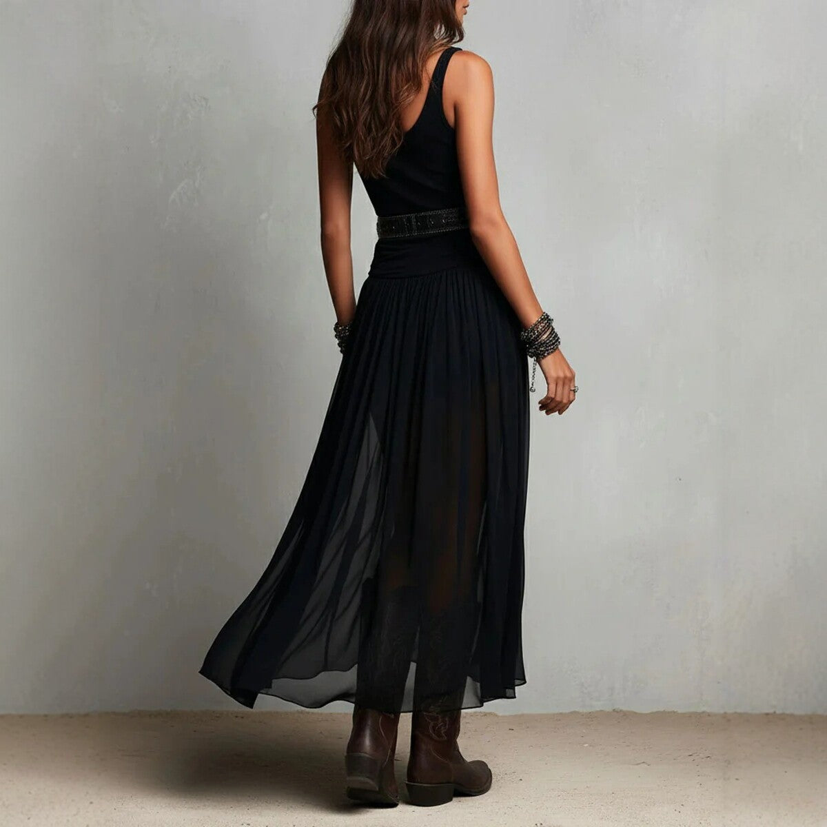 Black Mesh Strap Maxi Dress with Belt – V-Neck Pleated Long Dress