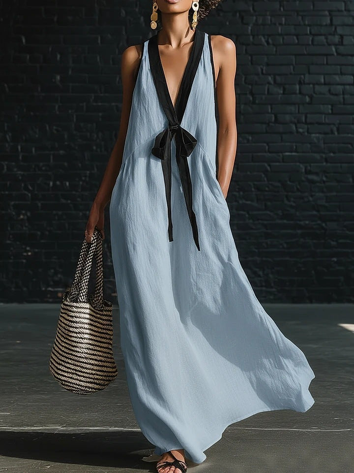 Women's V-Neck Strapless Sleeveless Maxi Dress | Resort-Style Elegant Long Dress