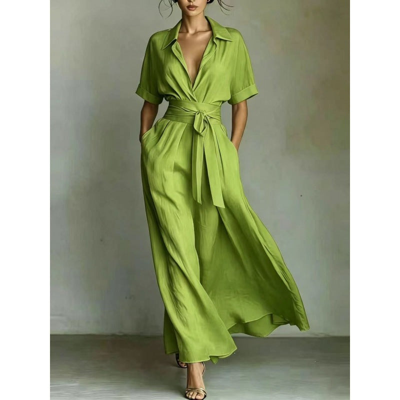 Women's Solid Color Waist-Slimming Maxi Dress — Flip Collar