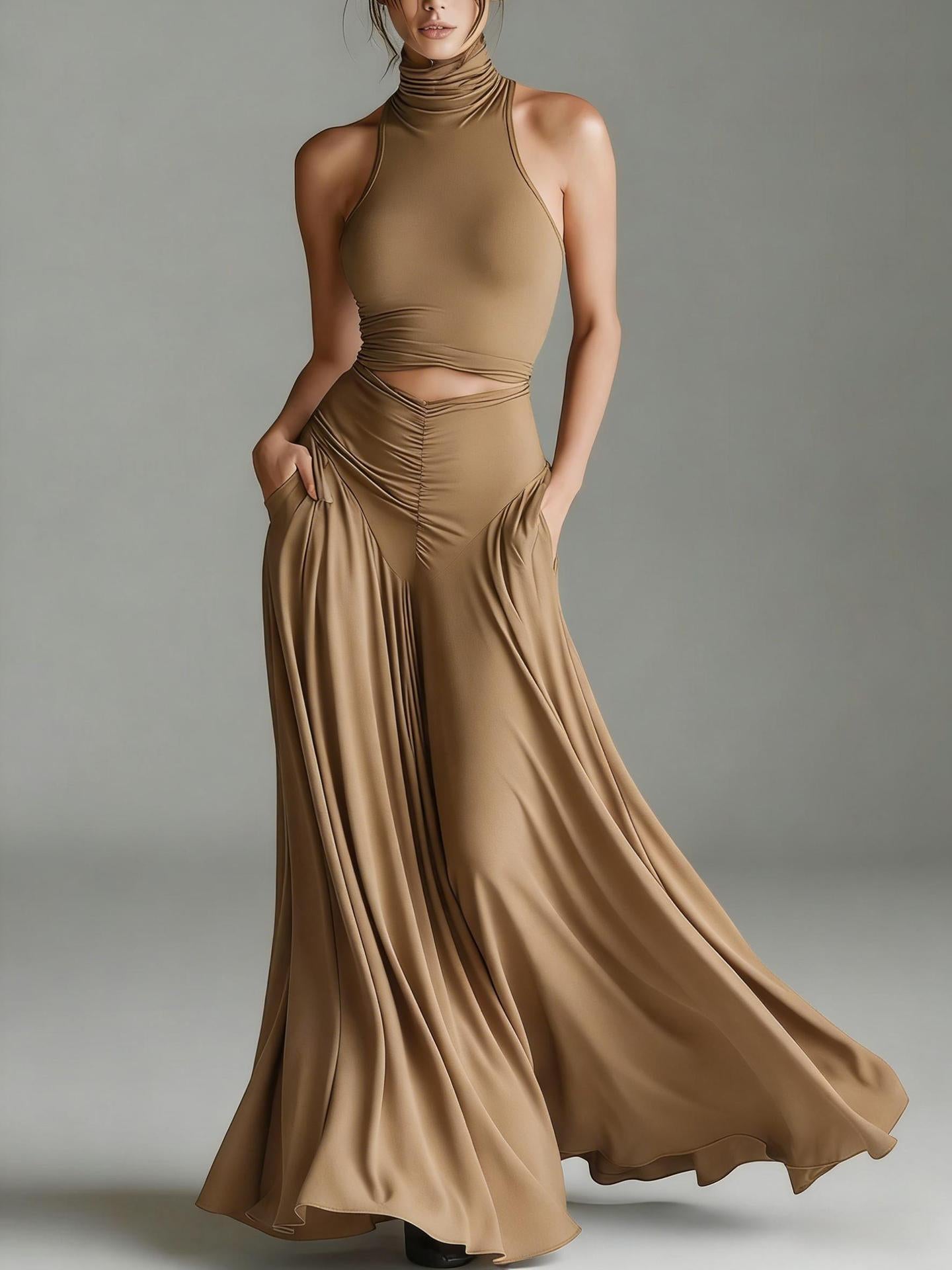 Women's Sleeveless High-Neck Top & Elegant Long A-Line Dress Two-Piece Set
