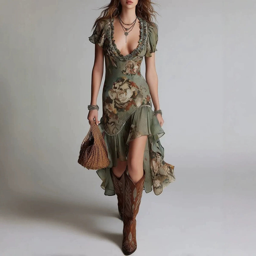 Women's Vintage Oil Painting Print Bubble Sleeve A-Line Midi Dress | Ruffle Irregular Hem Dress
