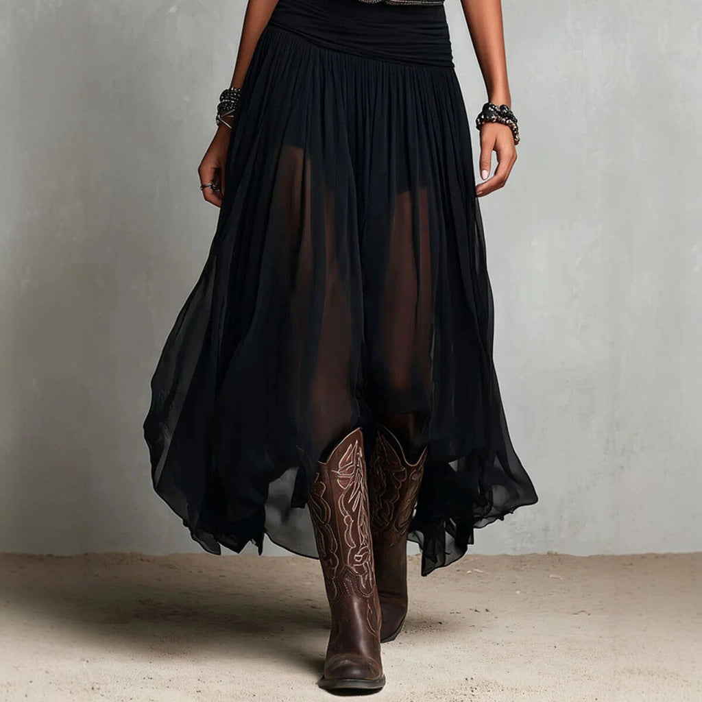 Black Mesh Strap Maxi Dress with Belt – V-Neck Pleated Long Dress