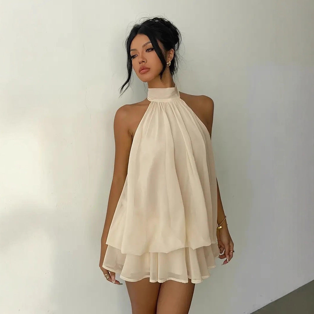Women's Backless Halter Neck High-Waist Mini Dress with Puffy Skirt