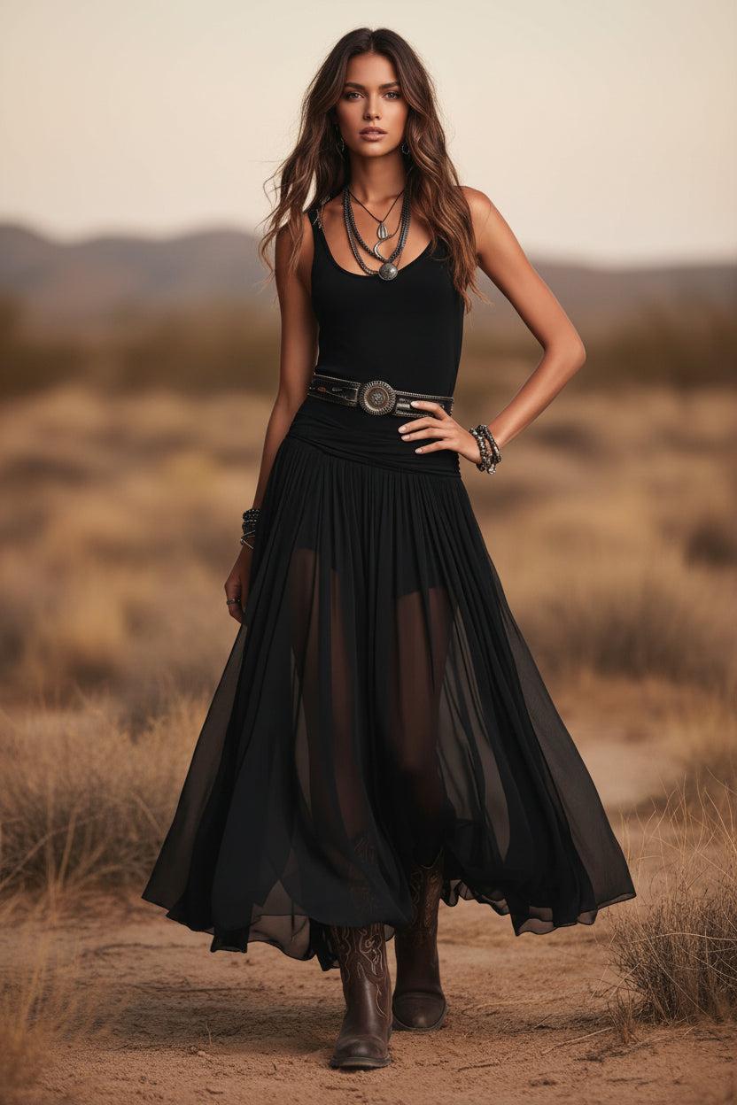 Black Mesh Strap Maxi Dress with Belt – V-Neck Pleated Long Dress