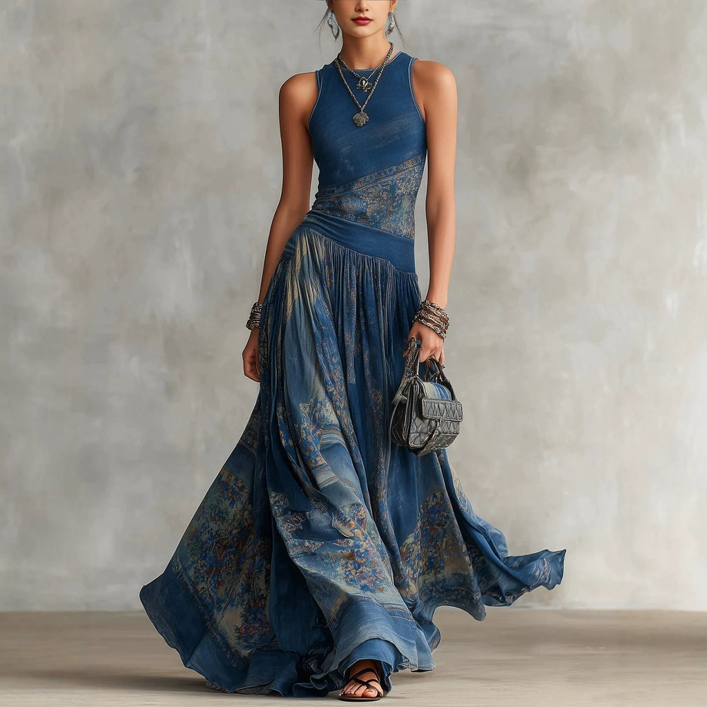 Women's Navy Blue Artistic Print Sleeveless Fitted Bodice Swing Maxi Dress