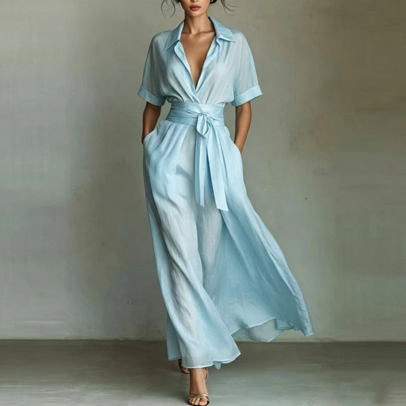 Women's Solid Color Waist-Slimming Maxi Dress — Flip Collar
