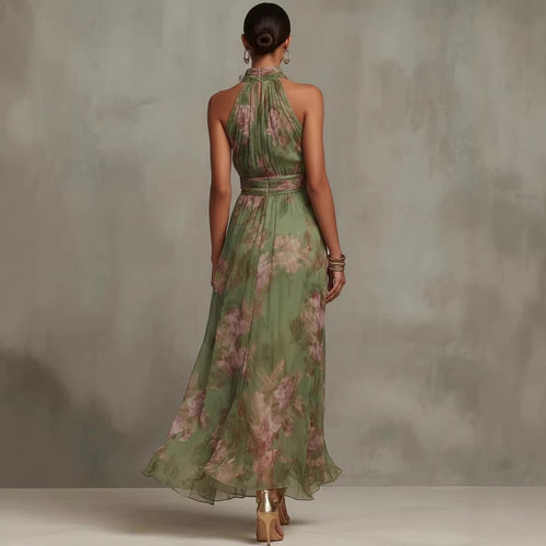 Green Graffiti Print Mesh Suspender Maxi Dress – High-Waist Irregular Slit Streetwear Dress