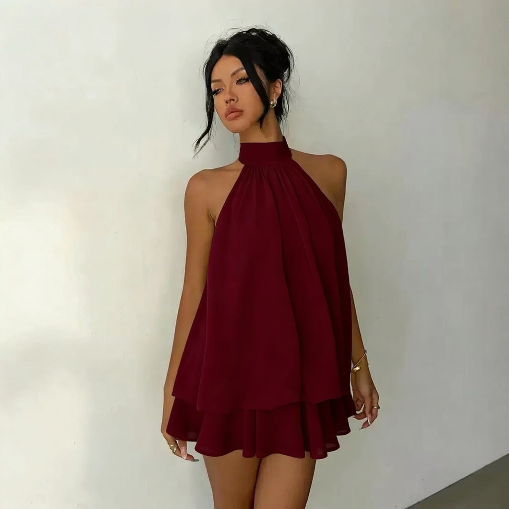 Women's Backless Halter Neck High-Waist Mini Dress with Puffy Skirt