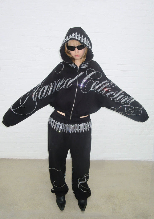 ENEMY RHINESTONE CROP ZIP HOODIE BLACK