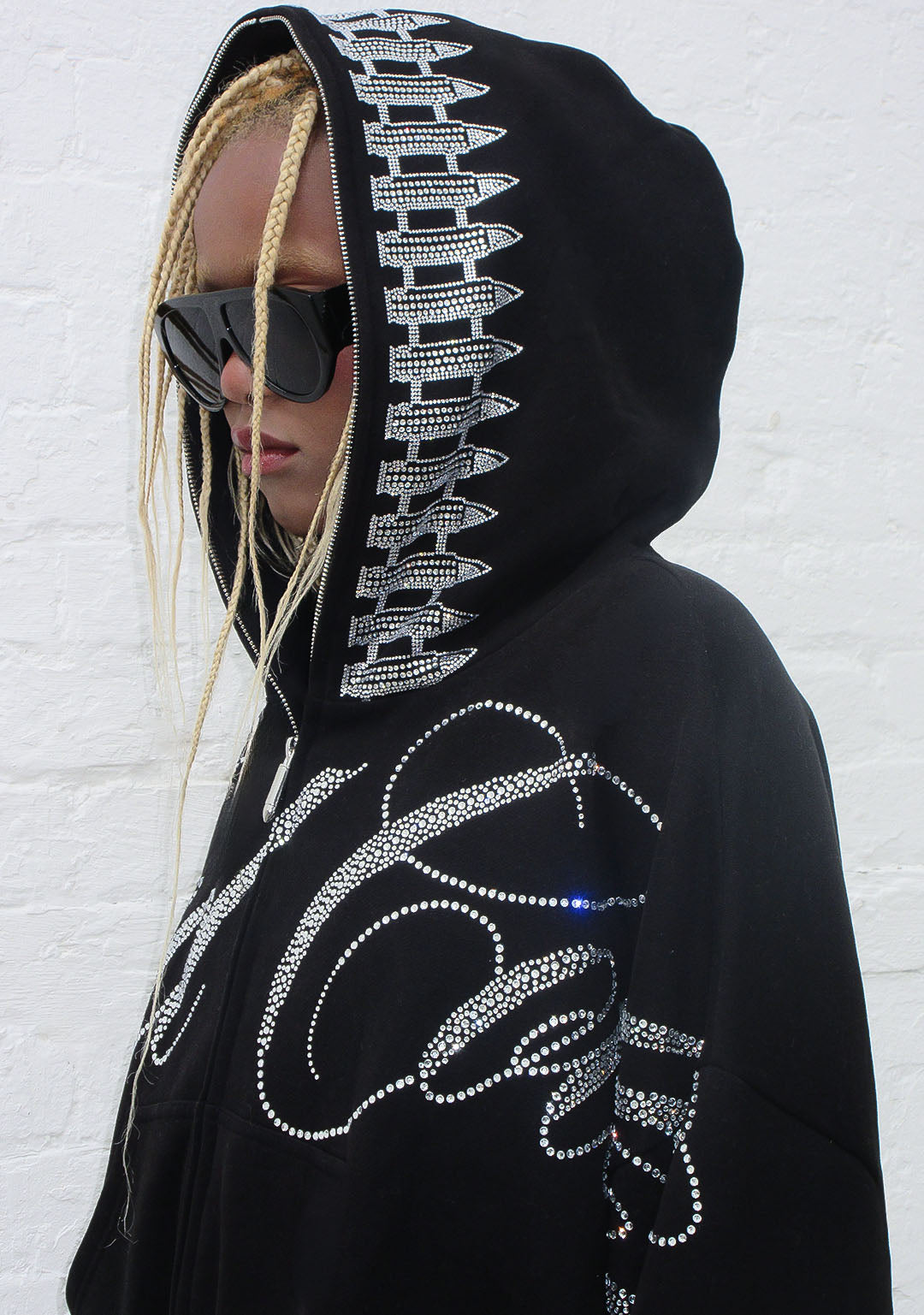 ENEMY RHINESTONE CROP ZIP HOODIE BLACK