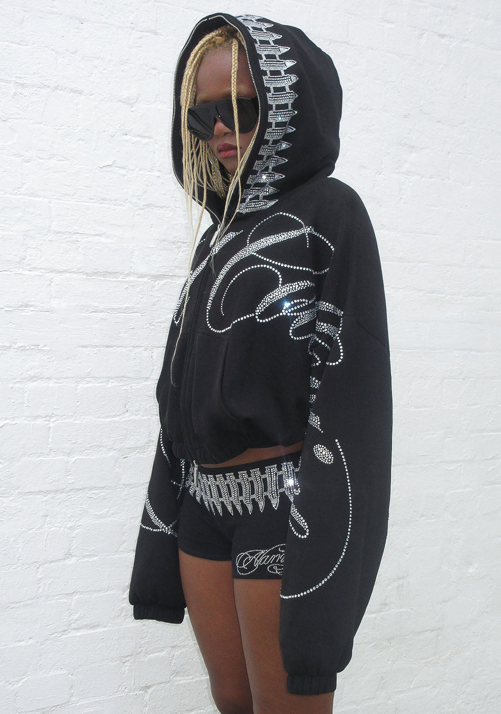 ENEMY RHINESTONE CROP ZIP HOODIE BLACK