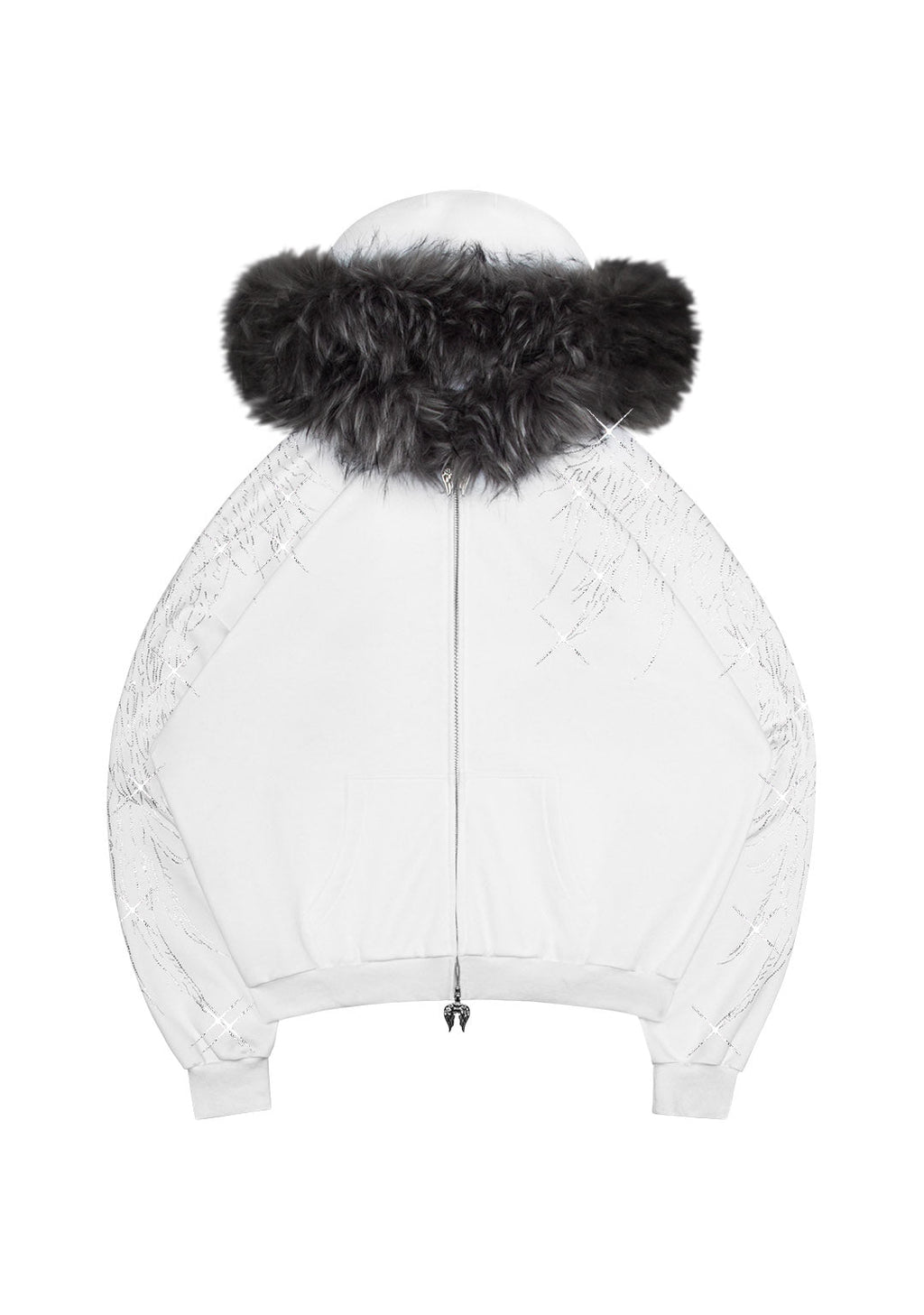 FALLEN FAUX FUR RHINESTONE ZIP HOODIE WHITE (DETACHABLE FUR)