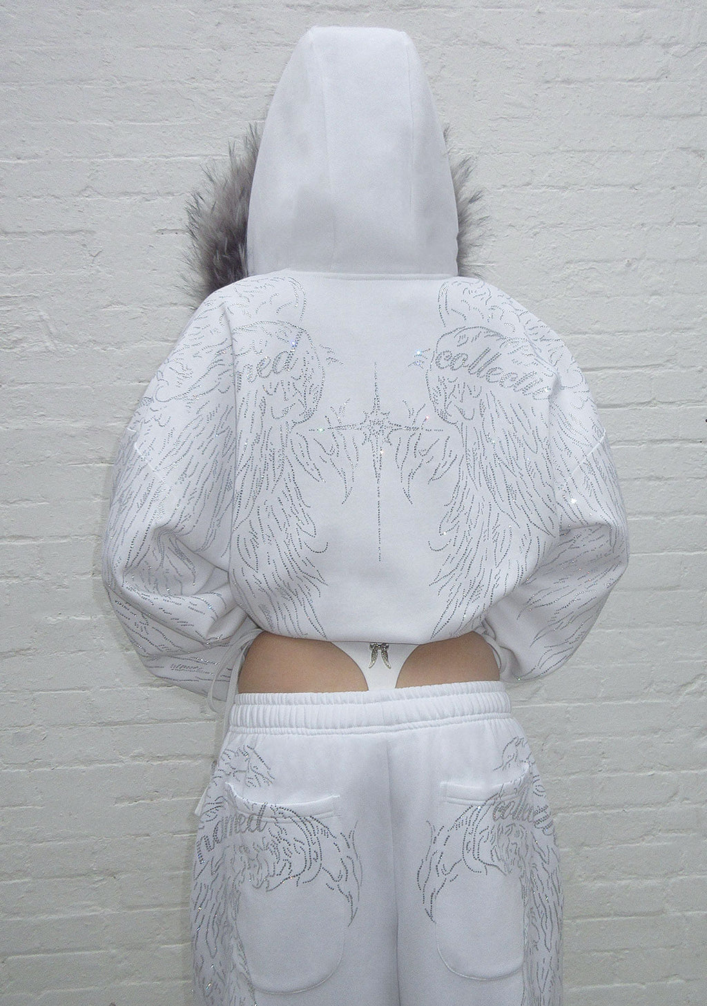 FALLEN FAUX FUR RHINESTONE ZIP HOODIE WHITE (DETACHABLE FUR)